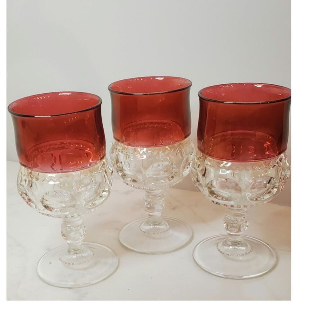 3 Vintage Kings Crown Thumbprint Ruby Red Flashed Goblets